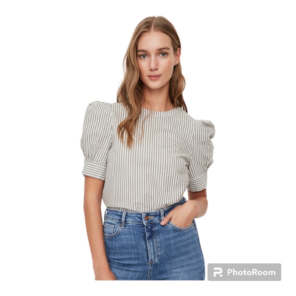 AWARE BY VERO MODA Puff Sleeve Seersucker Stripe Top Organic Cotton Small NEW